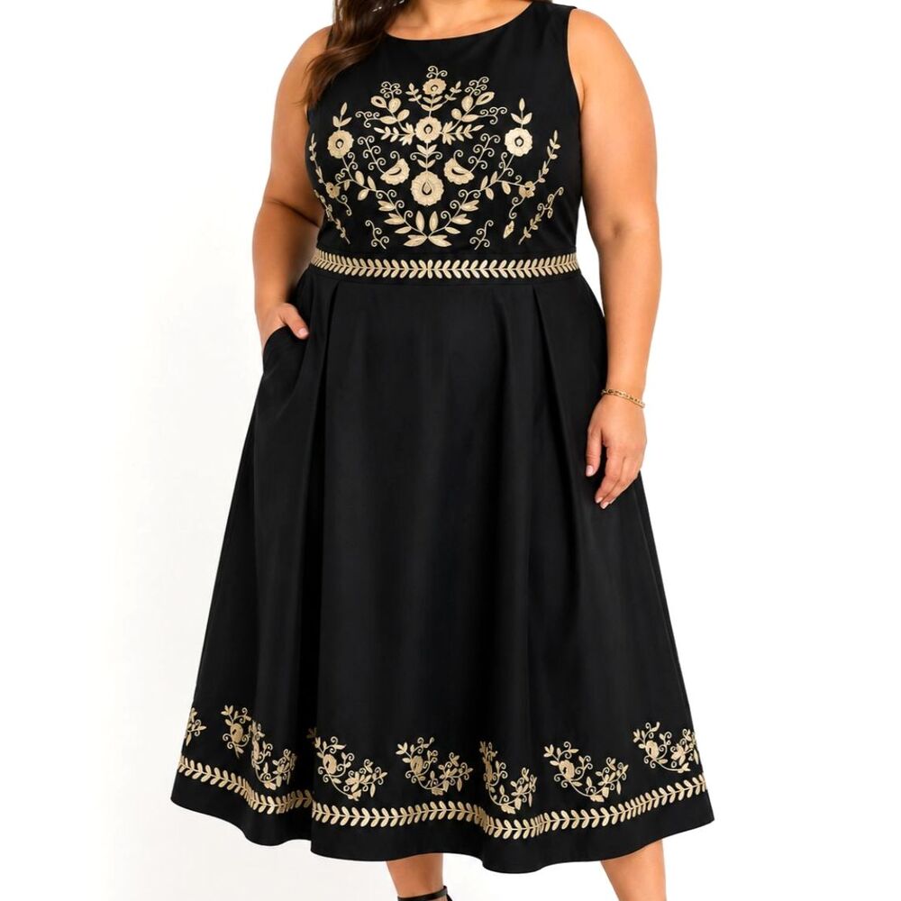 eShakti Wayward Fancies Black Embroidered Floral Midi Dress 22W Pockets Cotton